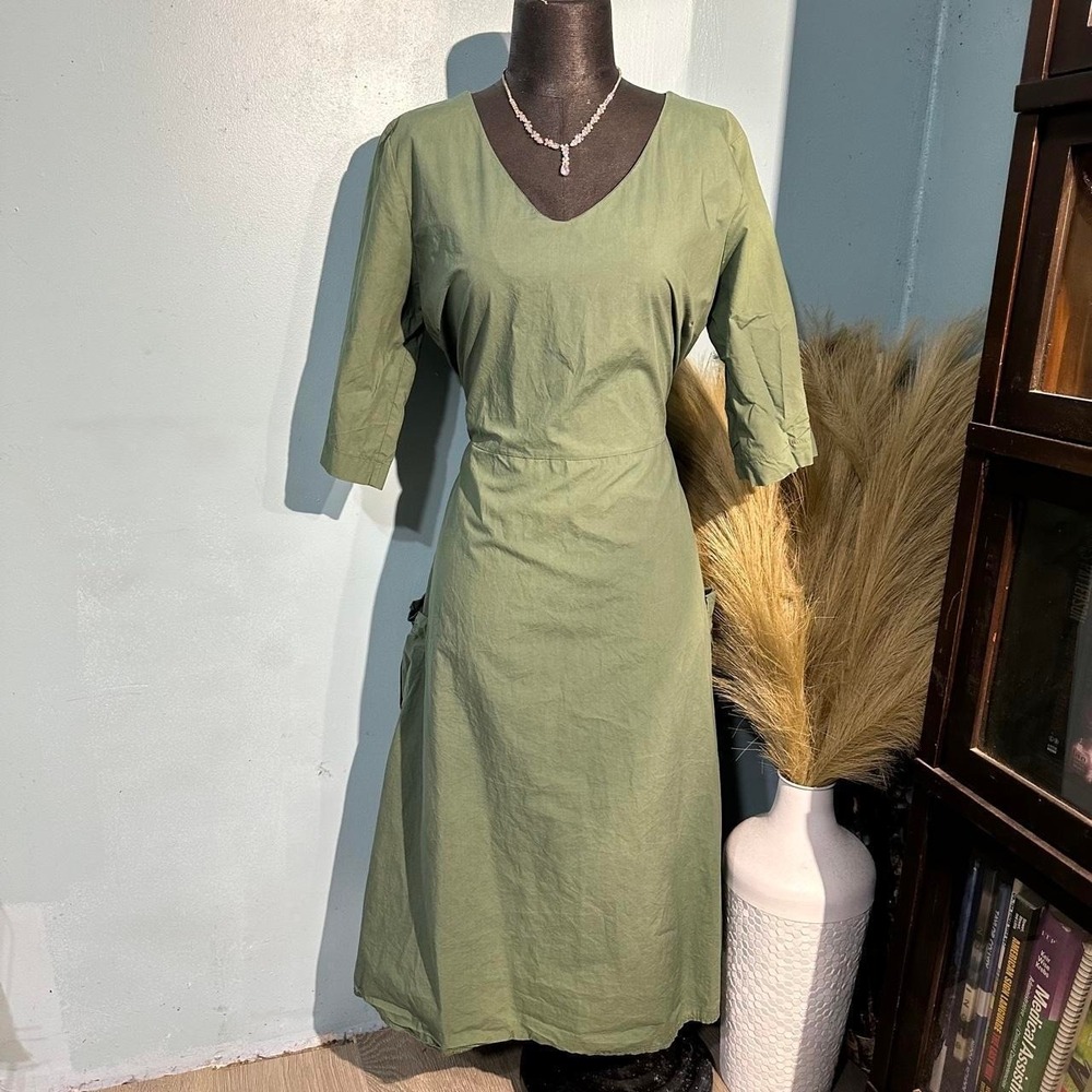 Humility Olive Green V-Neck Midi Dress Pockets Tie Waist EU 42 US 10-12
